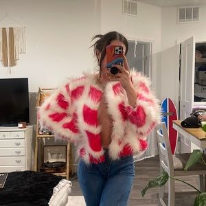Fashion Nova Red and White Faux Fur Jacket